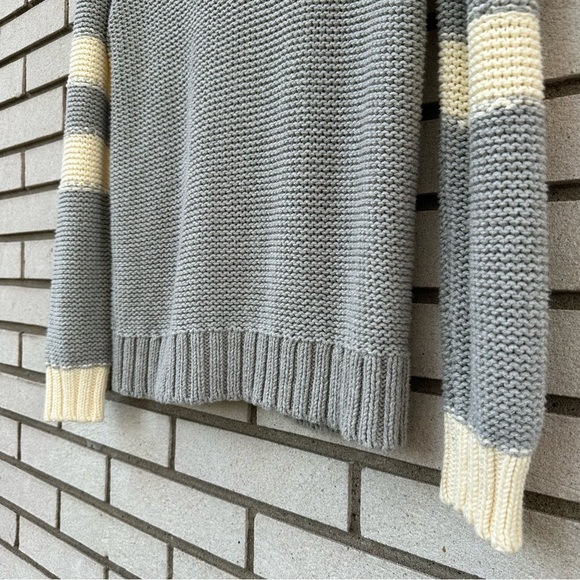 Nation LTD Gray Cream V-Neck Varsity Stripe Knit Sweater Pullover Small Academia - Picture 3 of 6